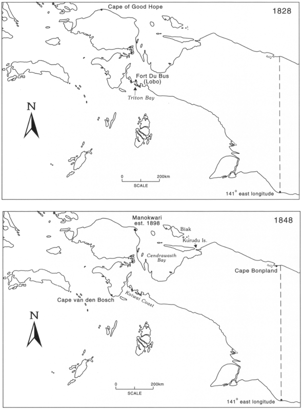 Two maps at a 1 inch to 200km scale and 141-degree east longitude showing the areas of New Guinea designated under the Sultan of Tidore. The first map dated at 1828 marks the Cape of Good Hope towards the top of the frame and Fort Du Bus (Lobo) in Triton Bay around the middle of the map. The second map at the bottom is dated at 1848, with Cape van den Bosch, Menokwari (established 1898), the Koiwai Coast, Cendrawasih Bay, Biak, Kurudu Island and Cape Bonpland on the right side of the frame labelled.