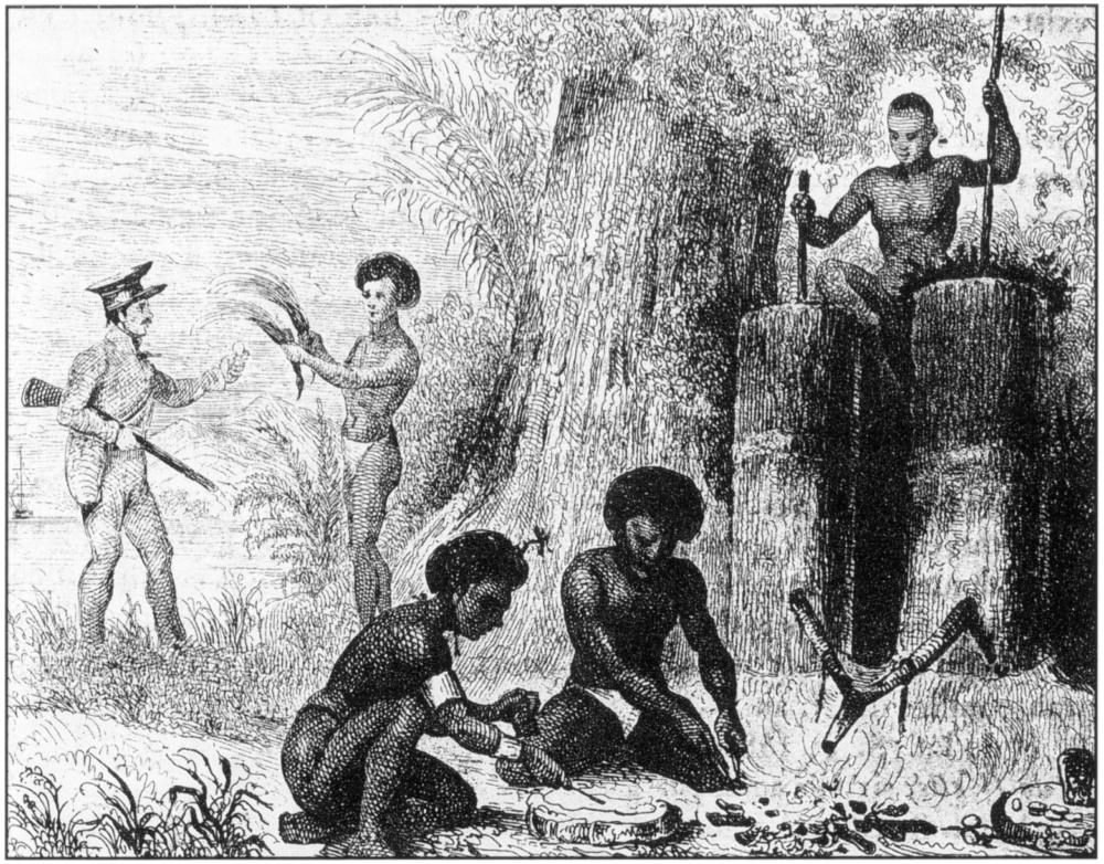 Cartoon drawing with of sketching depicting five me, one of whom on the farthest left is a moustached man in western-style uniform and a short flat-top hat with a rifle in his arm, and four other men who are bare-bodied, darker in skin complexion and donned only in white loincloths. In the background towards the left, a local man appears to be engaging with the uniformed moustached man who appears to be holding a coin or small round item in hand towards the local man, as his local counterpart is holding feathers in both hands stretched up towards his French customer. Next to the activity of transaction is a large tree trunk, where a local man is seated to the right, holding two sticks against two cut logs of tree trunks, operating the bellows. He is considerably elevated from the two other local men on the foreground of the image who are seated with knees bent, engaging in the forging of metals tools, as they are appearing to be intently engaged in working with tools in hand by a wood fire and wooden board on ground. Next to them is a large wooden pull-shot sling parked onto the ground. 