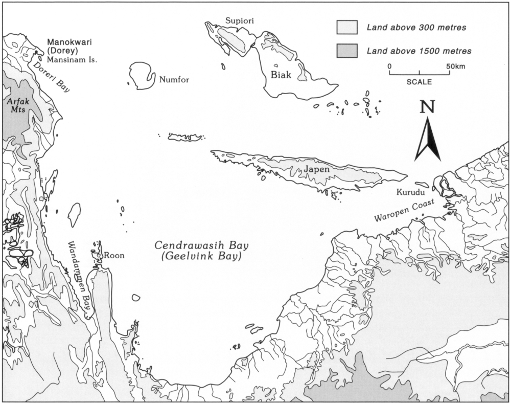 Map of Cendrawasih Bay (Geelvink Bay) at 1 inch to 50km, with areas shaded in light grey representing land above 300 metres and dark grey representing land above 1500 metres. Most of the areas are land above 300 metres, excepting the Arfak Mountains on the far left. It shows Dorey and Roon Island that in the 1850s were the main trading centres in Cendrawasih Bay.