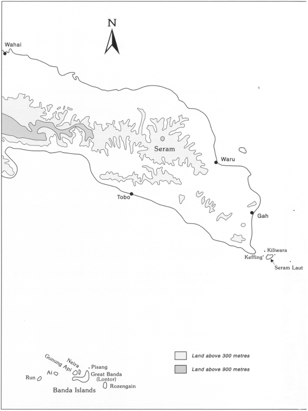 Two-page spread of map at the scale to 50km showing the sites depicting where massoy trees are found like Tobo, Waru and Gah on the Seram to the left, and Onin to the right, with sites like Rumakai, Hati-Hati-, Fatagar, and Fak Fak marked. All of the dotted sites are land below 300 metres. Massoy tress attracted traders to the Onin peninsula during the spice trade.