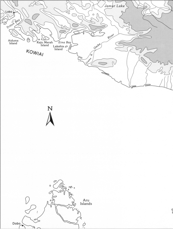 Two-page coastal map spread of Kowiai and Mimika at the scale to 50 km with land in a rough triangular shape, with the coast lining going diagonally from the upper left corner on the first page to the lower-half of the second page, with the Kowiai coast on the first page, and Mimika on the second page. Most of the area towards the upper-right on the second page, which consists of the Paniai Lakes, are shaded dark grey to indicate land above 900 metres. Bordering the mountainous area is land above 300 metres shaded in light grey, with most of the coastal area on the first page to the top-left corner is land above 300 metres. It is noted in brackets at the bottom right corner that the optimal area for massoy is 400 to 1000 metres. 