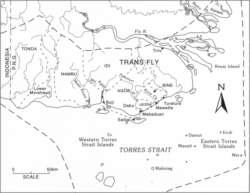 Boxed map figure at scale of 1 inch to 50km of the areas of Trans Fly and Torres Strait bordered that utilise distinct terms to refer to knife and iron. These areas, bordered by long dotted lines, include Tonda, Nambu, Idi, Agob, Bine, Western Torres Strait Islands, and the Eastern Torres Strait Islands. 