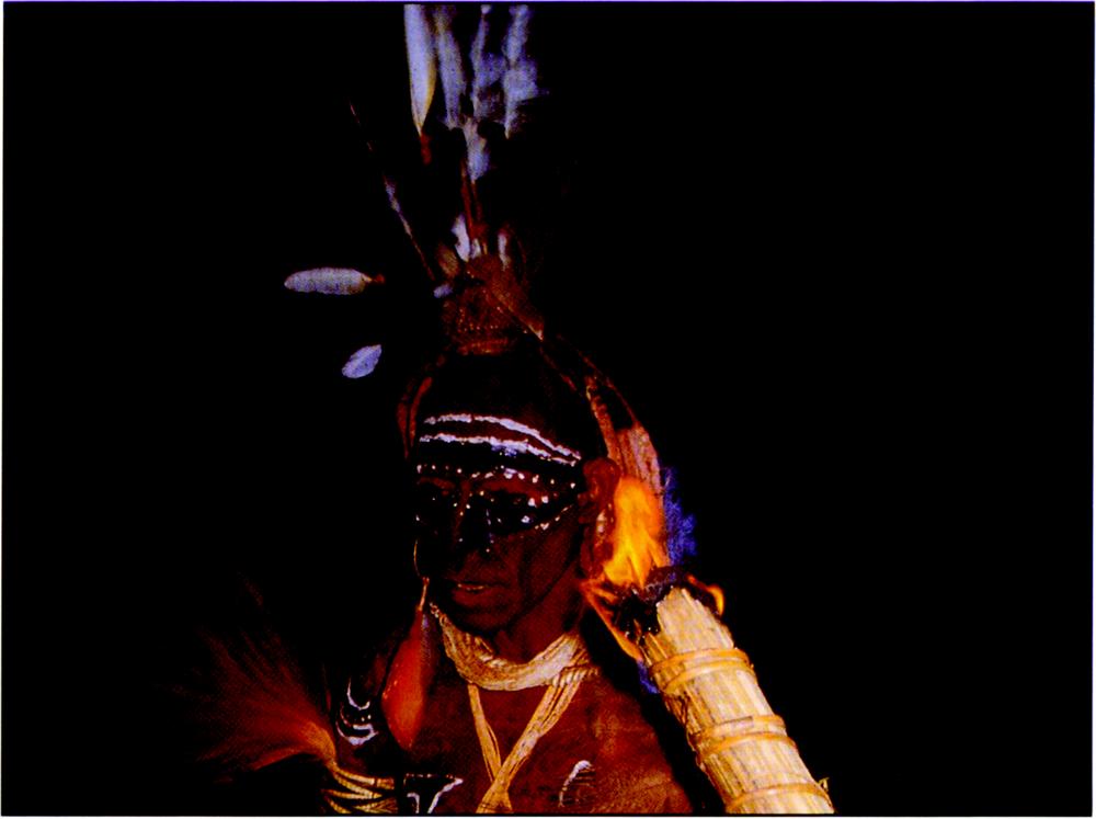 Coloured photo of a brown-skinned man in Kamula dance attire standing against a dark black background, with a headpiece with several whiteish coloured Raggiana plumes sticking out, along with a bunch of straw stuck behind the feathers. His forehead has two white lines painted across, with black paint around his eyes like an eye mask that extends down to the side of his nose and nostrils, with an opening right around the area of his eyes which are dotted by white paint, with brown paint smear across his eyelids and onto his nose bridge. His chest and shoulder areas appear to be painted too, with a few patches of black-and-white patterns spread around. On his right arm is a spray of bright-orange plume attached on his bicep by a straw-like band with zig-zag tribal patterns. He is also adorned with a thick, beige-coloured necklace made of fibre, which criss-crosses down across his chest. A lit resin torch burning a bright molten-orange flame faces the direction of his head.