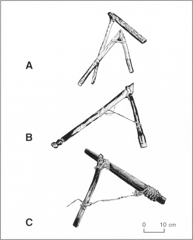 Black-and-white sketches at a scale of 0.5 inches to 10 km of three variants of sago pith-scraping made of wooden sticks and tied strings labelled A, B, and C from top to bottom. They have similar shapes, with two pieces of wood tied perpendicularly at an L-shape, with one side slightly longer than the other. Tool A appears to have two L-shaped stick figures tied together towards the bottom of both of their longer sides, with one of the tools being slightly larger than the other it is attached to. B and C are very similar, with strings tied around on the corners attaching the two different sticks, as well as the bottom area of the longer stick with an extended string tied to the opposite side of the longer stick. Tool B has a couple of specific design features, as the bottom tip of its longer side carved away on its edges to give a better grip for fingers of the user, and the bottom end of the shorter side is carved into a shape which appears like the body of a screwdriver.