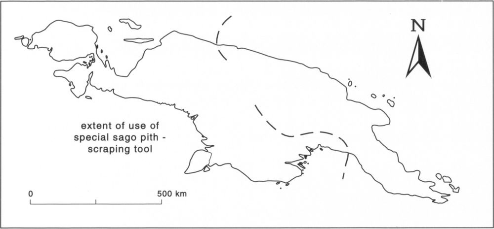 Boxed map figure at scale of 1.5 inches to 500km showing the extent of use of special sago pith-scraping tool, with two curved dotted lines which make up a shape of an angled and slightly deformed ‘S’, with a gapped space in the middle, as if the lines were erased. The top curve of dotted lines is starts from the top-middle of the map, cutting slightly into the corresponding coast. After the gap is an incomplete S-shape which cuts across the bottom-left coastal area of the island.