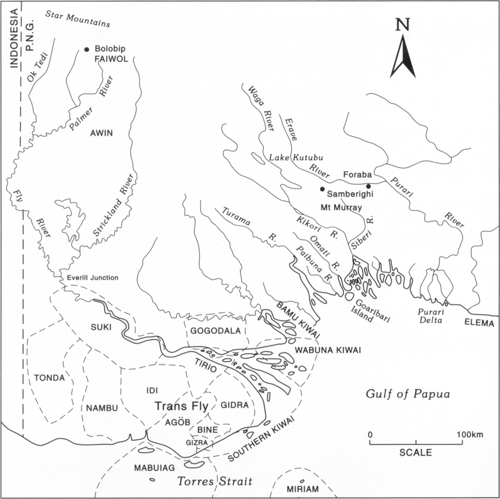 Boxed map figure at scale of 1 inch to 10km of the region north of the Gulf of Papua, which is labelled on the bottom left. The areas whereby the distinct names for tobacco are distributed include, from left to right and top to bottom and indicated by dotted-lined borders: Awin, Tonda, Suki, Nambu, Idi, Mabuig, Gogodala, Gidra, Southern Kiwai, Miriam, Manu Kiwai, Wabuna Kiwai, Mount Murray and Elema. 