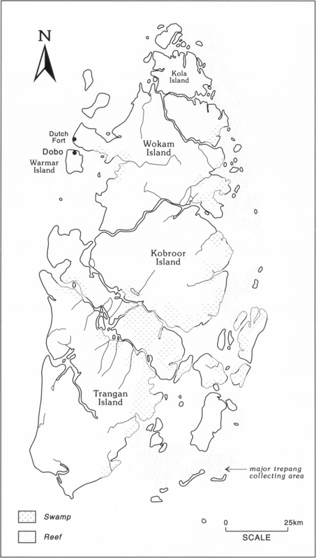 Boxed map figure at the scale of 1 inch to 25km of the Aru Islands that consists in a group of 95 islands on the Moluccas. The main islands from the top to the bottom are Kola Island, Wokam Island, Warmar Island which sits away from the west coast of Wokam Island, Kobroor Island, and Trangan Island. The areas consisting swamp and reef are indicated in tiny grass patterns and dotted patterns respectively. Swamp areas are indicated on the west and east coasts of Wokam Island, the southeast coast of Kobroor Island and the northern and eastern coastal areas around Trangan Island, including the coasts of a few small islands off the eastern coast of Trangan Island and south-east from Kobroor Island. Most of the reef areas are present right by the swamps in the sea, including an area towards the bottom of the boxed figure, where an arrow pointing above a few tiny strips of islands is noted to be ‘major trepand collecting area’.