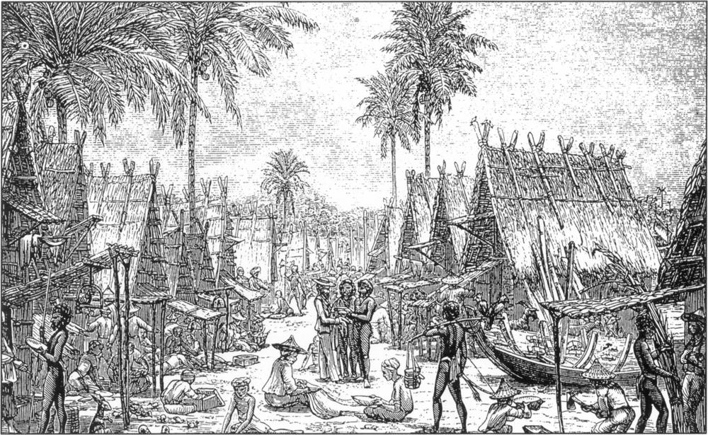 Detailed black-and-white etching of a scene capturing the bustle of trade and other activities involving both the locals and European traders. With a few tall palm leaves in the background overlooking the village area, two rows of tall huts of what appears to be made largely of straws and long, thin logs or wooden poles with A-shape thatched roofs spreading out in line into the centre of the image. There are many people seated under makeshift shelters at the doorway of the tall huts and engaged in labour or work with tools in hand, as well as many others standing outside of huts engaged in conversation. Those standing appear to be local men in conversation with a foreign trader. The local men can be identified by their lone loin cloth, and the European traders are fully outfitted with hats and suits. Two pairs of the local-European trade parties can be seen on each bottom corner of the image. In the middle foreground are two local women dressed in long-sleeved tops and long skirt, seated on the ground and focussed on a task involving a large strip of cloth which is held by one of the women who wears a pointed straw hat, and a dish held by the other woman with a head-wrap. Behind her is a local man standing and holding a long stick on his shoulder, with a weight tied at the end of one stick, and the other end behind him appearing to be two birds perched on the end. He is also seen to be holding a bow and arrow on his other hand. Towards the lower middle of the image are three men standing and huddled together in what appears to be a trade engagement. The man on the left is in full suit attired with a flat-top brim hat. The two other men are local. The European man and the local man on the right side have their hands out, appearing to be in the midst of transferring goods. 