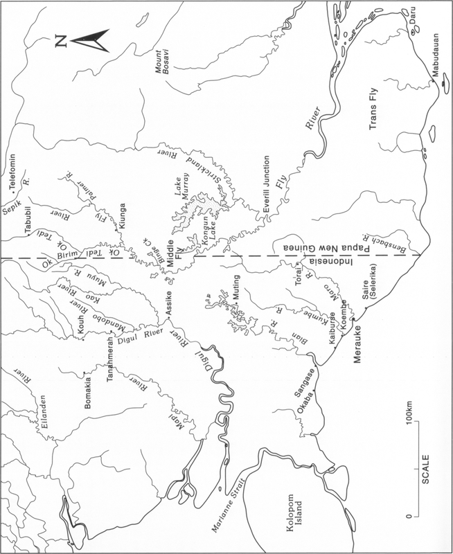 Map at 1.5 inches to 100km of the Merauke region, with a dotted lined marked vertically in the middle, with Indonesia on the west and New Guinea on the east.