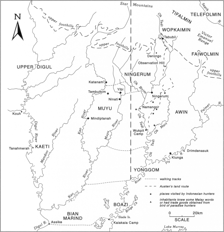 Map at scale to 20km, marking walking tracks with routes from Kaiakaia to Digul River, the Fly River to Kao River, Ok Tedi to Muyu River, Ok Birim to Yibi, and Ok Birim to Katanam. Austen’s land routes are marked from Yonggom to Star Mountains. The upper foothills from Wopkaimin pass through Faiwolmin and to the east and also to northwest. Inhabitants who knew some Malay words or had trade goods obtained from bird of paradise hunters are located in Tabubil and Observation Hill. Places visited by Indonesian hunters are Ok Mart, Namangor, Ningerum and Ok Tedi. 