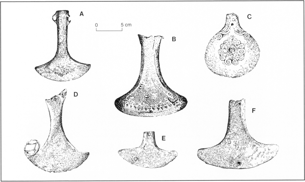 Black-and-white sketches of six bronze axes drawn to scale at 0.5 inches to 5cm labelled A to F from left to right in two rows. Most of the axes, except for Axe C have a similar shape – a long and thin top and a curved blade. Axe C has a short top and a circular blade. Axes B and C have detailed engravings on them of tribal patterns, with the former laced with triangles on the border a portion of a triangular figure with its sides curved inwards with dense patterns of narrow curved lines. Axe C has snail shell-like patterns clustered in the centre and top sides of the blade. 