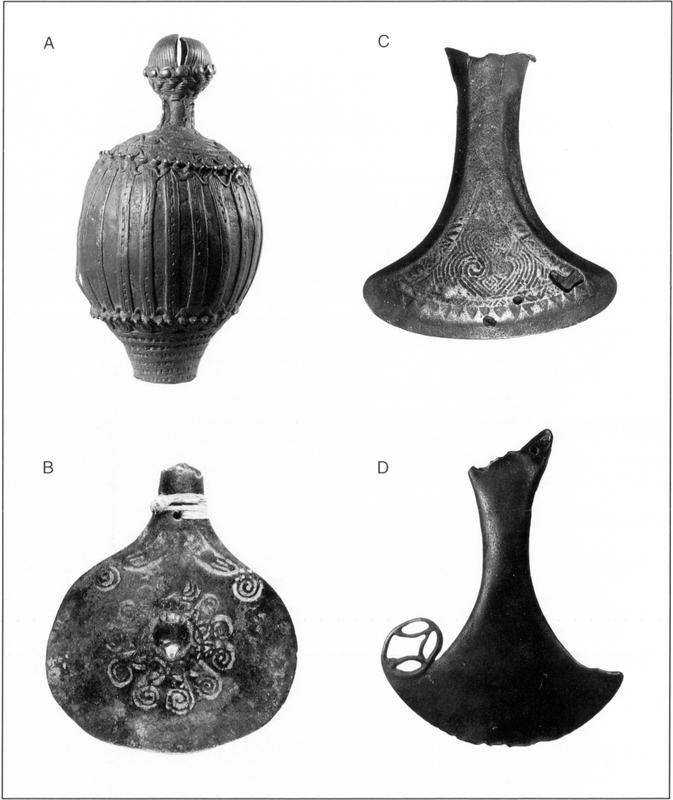 Black and white photographs of the bell from Ase, ceremonial axe from Ase, axe from Kwadeware and ceremonial axe from Ase as depicted in Figures 44 and 45.