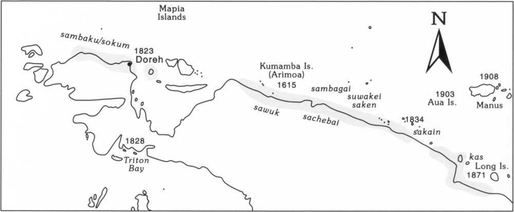 Map of the northern coastal area of Irian Jaya and Papua New Guinea which have marked sites of the distribution of cognate names for tobacco and the earliest reports on its presence dated accordingly to the location. From the earliest reported year to the latest, in the middle of the map lie Kumaramba Island or Arimoa dated 1615. To the north-west of Kumamba Island is Doreh, dated 1823. South of Doreh is Triton Bay on the opposite coast, dated 1828. Towards the right side of the map is a small cluster of tiny islands called sakain dated 1834. To their south-east is Long Island dated 1871. In the centre farthest right of the map are Aua Island, a tiny island in the middle of the sea, and Manus Island, dated 1903 and 1908 respectively.
