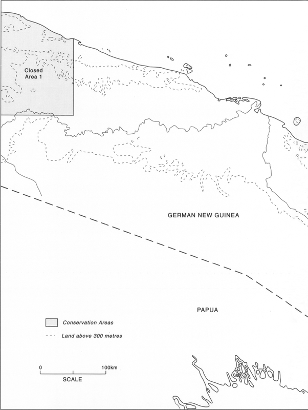 Two-page spread of map at 1.5 inches to 100km showing the conservation areas for the bird of paradise hunters in German New Guinea in 1912. There are three Closed Areas in total shaded in grey and demarcated with black solid lines, with one towards the top-left corner of the map on the first page, Closed Area 2 a little below the farthest middle-left of the second page, and Closed Area 3 on the bottom of the second page, right on the south-eastern edge of the diving line which separates German New Guinea and Papua.