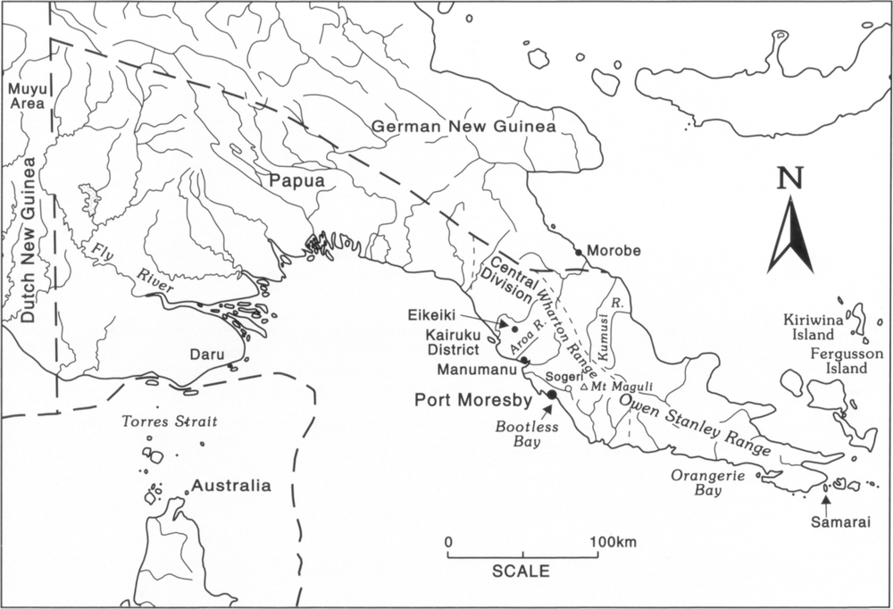 Map drawn at scale of 1 inch to 100km of the territory of British New Guinea. Dutch New Guinea is on the west side on the furthest left as separated by a vertical dotted line from British New Guinea or Papua, and German New Guinea to the north and northwest, as divided by dotted lines going down south-east across the island. Australia is tucked in the left-hand corner. Several areas ad sites are marked, with Port Moresby slightly off-centre to the south-east and Samarai towards the bottom right-hand corner of the map. 