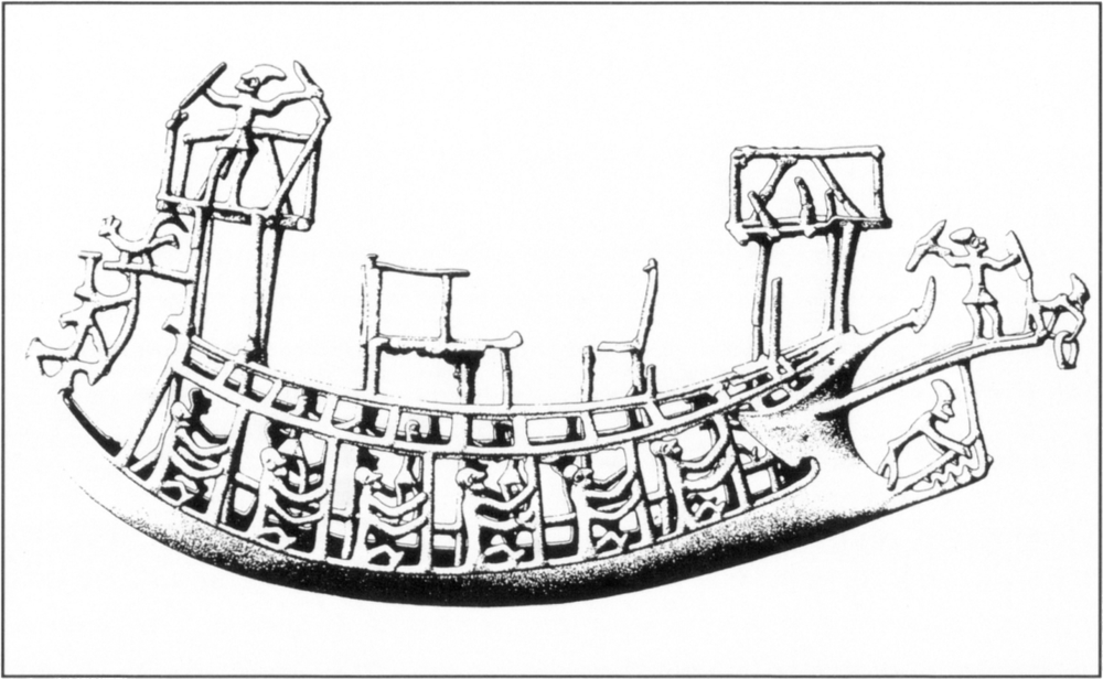 Sketch of the frame of a bronze miniature boat, carved to detail of the people on board. On the ends of the boat are two elevated stands, one of which inhabited by a man appearing to have a headpiece shaped like an elf hat and facing westward to the left. His hands are spread out, and he appears to be holding a shield or round flat object in one hand, and the end of the bent handle attached to the rest of the boat structure. Right beneath the stand is a rooster carving facing outwards of the boat end. On the base of the boat are opened window frames with a row of figurative men seated in pars, holding onto the side bars of the boat. They are all seated and facing eastward to the right side. On the right end of the boat, also on the base of the body of the boat is another man bent downwards and holding onto the bottom handle. The bottom lower-right of the boat appears have teeth, as if carved out like a crocodile’s mouth. Above him is an extended piece of board. There is a man standing on the plank, facing eastward with two shield-like objects in both hands stretched out. Right in front of him is the hollow-out skull of a bovine-like animal, its horns sticking out a ring hung in the middle of its skull. There are two structures on the head of the boat which almost look like two large empty chairs.