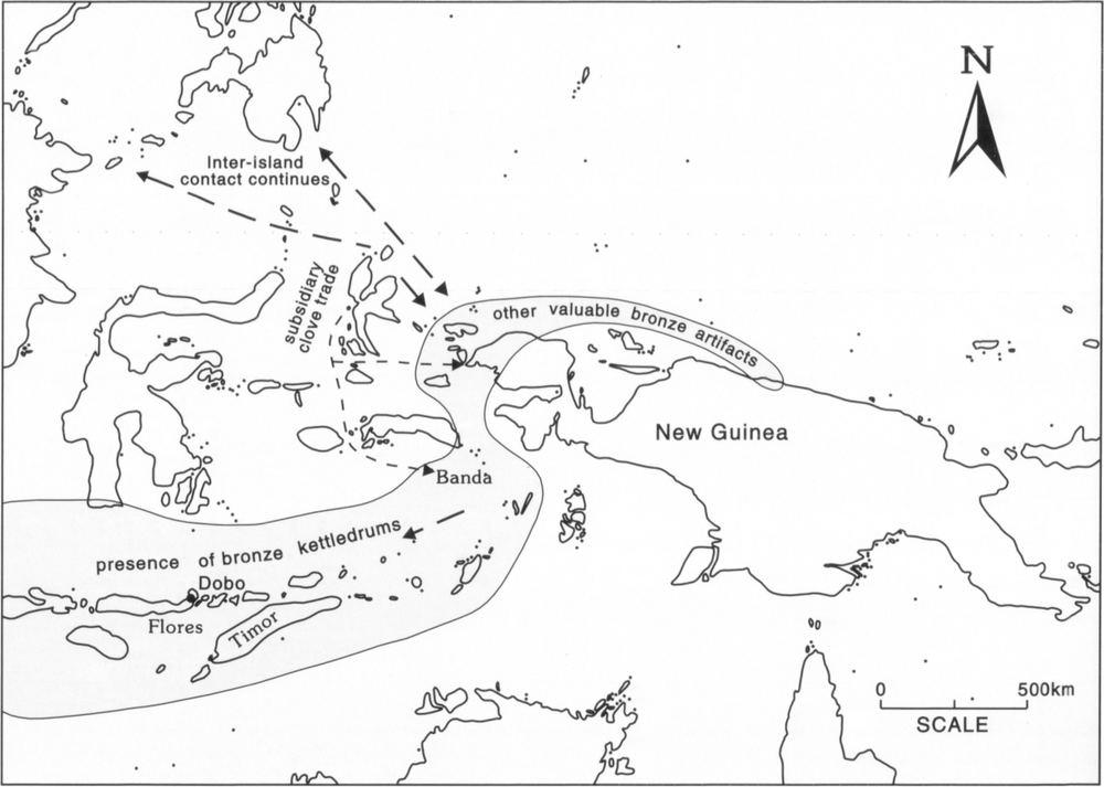 Map at scale of 1.75 inches to 500km showing the route of bird of paradise traders. A demarcated area bordered with thin solid line and shaded grey covers the Flores and Timorese area up through to Banda and over New Guinea. Right above Dobo in Flores towards the bottom left is noted to be an area where there was presence of bronze kettledrums. There is an arrow pointing south-west towards Dobo from Banda. In the thin strip of area shaded in grey over New Guinea, it I marked, ‘other valuable bronze artifacts. From there are two arrows pointing towards the area where ‘inter-island contact continues’. Both arrows point out to islands to the top left of the map, and also back to where other valuable bronze artifacts were present over New Guinea. To the left and north-west of Banda are some islands marked ‘subsidiary clove trade’. The dotted-lined arrows line downwards, with three arrows extending out to the north-west of New Guinea, Banda and the westerly tip of mainland New Guinea.
