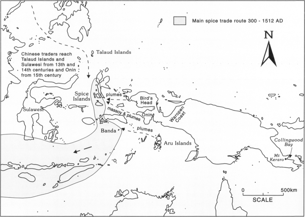 Map at scale of 1.75 inches to 500km showing the main spice trade route from 300 to 1512 AD as shaded in grey. The area shaded grey as demarcated by a thin solid line starts from the Spirce Islands down to Banda, with a fair strip cover the islands towards the south-west of the map as further indicated by an arrow pointing south-west. Towards the top left side of the map above the island of Sulawesi, it is labelled that Chinese traders reach Taluad islands and Sulawesi from 13t and 14th centuries and Onin from 15th century. There is an arrow curving downwards past Taluad Islands, pointing south to Spice Islands. On the right half on the image along the centre is the mass of island where Waropen Coast and Mount Keraro are located, with its north-western end labelled ‘Bird’s Head’, right above Onin. An arrow points out of Bird’s Head to Spice Islands, labelled ‘plumes’. From Onin is an arrow also pointing to Spice Islands, labelled ‘massoy & plumes’. South-east of Onin is a cluster of tiny islands, or Aru Islands, which has an arrow pointing out to Banda, labelled ‘plumes’. 