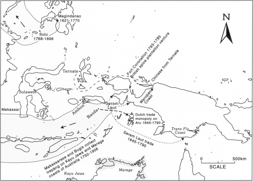 Map at scale of 1.75 inches to 500km noting the regional trade disruptions in the eastern Indonesia area. Starting from the top-left corner of the map is an area shaded grey over Magindanao, which is noted with years 1621-1770, and Sulu, south-west of Magindanao, which is labelled 1766-1898. There is an arrow pointing out from Sulu to the north-west up to the left corner tip of the map. South of Sulu is the island of Sulawesi which is situated on the far centre-left of the map. Below is another demarcated area shaded grey over Makassar at the southern strip of Sulawesi. The shaded area covers Ambon and Banda, and edges over Seram Laut which sits around the centre of the map. There is an arrow pointing out from Banda to the islands that lay toward the bottom left of the map. Another arrow extends out of Banda to the Aru Islands east-ward, where a cluster of islands is labelled ‘Dutch trade monology on Aru 1645-1790’.  It is also cited at the bottom of the shaded area that ‘Makassarese and Bugis collect trepang on Kayu Jawa and Marege coasts of Australia 1750-1905. Marege juts out right at the centre-bottom of the map, with a little bit of Kayu Jawa peering from the bottom, just to the left of Marege. North of Marage is a dotted lined arrow branching from Seram Luat, labelled as the Seram Laut trade route of 1645-1790, on to the east to the Trans Fly Coast. Two other shorter arrows go out from Seram Laut to the Onin area. North-west of Seram Laut is Ternate, where a dotted lined trail extends over Bird’s Head to the Waropen Coast. Along the dotted line are the notes ‘Fort Coronation 1793-1975 British spice plantation venture’ right on the north-eastern area above Bird’s Head, and ‘Chinese from Ternate’ above the Waropen Coast. 