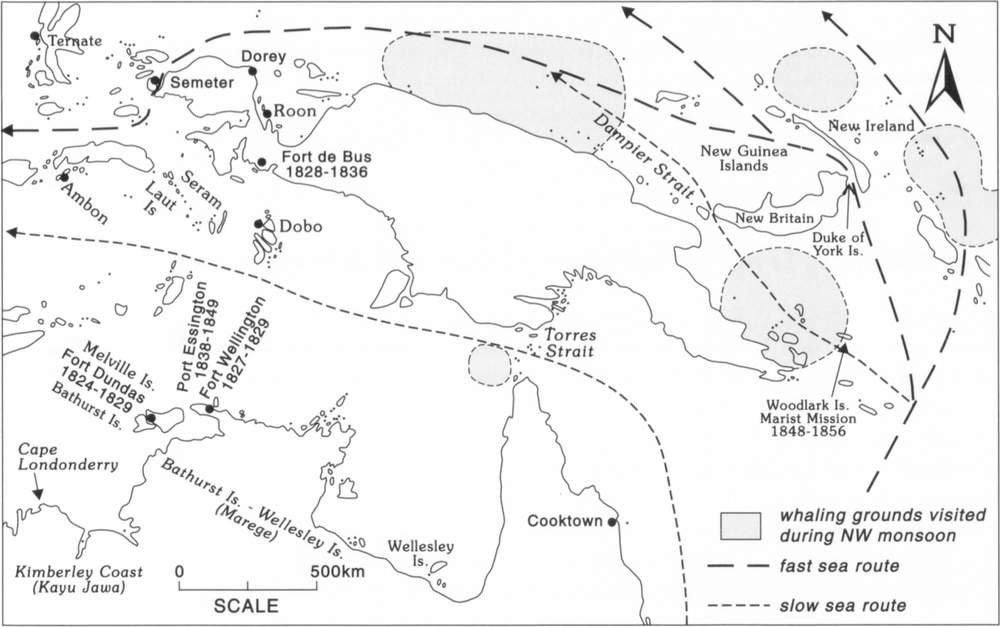 Map at scale of 1.75 inches to 500km showing the whaling grounds visited during NW monsoon as shaded in grey, fast sea routes as marked in bold long dotted-lined arrows, and slow sea routes noted by small dotted-lined arrows.  The fast sea routes start at the bottom right of the map, branching outwards past the area on the far right of the map and upwards in a north-western direction past New Ireland and over the New Guinea Islands and Duke of York Islands of New Britain. The fast sea route branches out from the New Guinea Islands across the top of the map, all the way towards the top-left, passing the area above Dorey and Semeter. The slow sea route extends from the bottom of the map past Cooktown in the northern coast of Australia, and through the Torres Strait and the area between Australia and Indonesia all the way past Dobo, Seram Laut Island and Ambon towards the left end of the map. The whaling grounds visited during NW monsoon are marked to be above the northern coast tip of Australia south-west of Torres Strait, an area circling the north-west of Woodlark Island, labelled to be ‘Marist Mission 1848-1856’, two portions around the New Ireland area around the top-right corner of the map, and the eastern side of the Dampier Strait towards the top-centre of the map. Down at the bottom-left is the northern coast of Australia, where, from left to right, are Bathurst Island and Melville Island, labelled as ‘Fort Dundas 1824-1829’, Port Essington 1838-1849, and Fort Willington 1827-1829. Fort de Bus 1828-1836 is labelled south-east of Onin. 