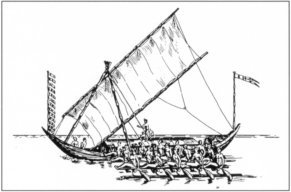 The black-and-white hand-drawn illustration shows a traditional Moluccan korakora on water. It is approximately ten meters long with a very narrow, shallow and open body with ends that are pointed upwards at a considerable height. The korakora has a rectangular sail, as supported by long poles on each side tied with a couple of rope lines attached to the back end of boat, angled diagonally to the right. There is one flag on the left front of the korakora decked in small flags, and another pole at the other end of the body which flies one slim swallow-tailed flag at the top. 21 bare-bodied men can be seen on boat, with two men at the front of the main body, three on an elevated roofed platform in the middle where one of them is standing up with his arms stretched forward, and the other 15 men sitting in rows of three, paddling with an oar to each man as they line up on the three extended parts that are individually supported by a long log underneath.