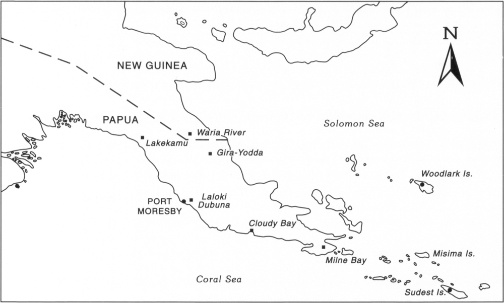 Map of mining ventures established in Papua and New Guinea prior to 1920. Sites marked are, from west to east, Lakekamu in Papua, Waria River in New Guinea, Port Moresby, Laloki Dubuna, Gira-Yodda, Cloudy Bay, Milne Bay, Milne Bay, Woodlark Island which is east of Papua in the Solomon Sea, Misima Island towards the bottom right, and Sudest Islands on the bottom right corner of the map.