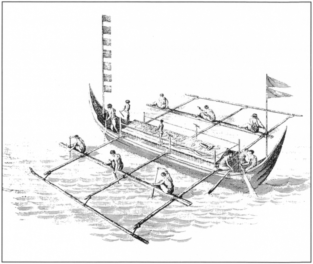 A black-and-white etching with a traditional Moluccan korakora on water with 12 bare-bodied men. Six men are visibly rowing, with three seated in a line flanked on each side of the main body of the korakora with an oar in hand, steering the korakora on each extended arm while seated on a slim plank. The other six men are on the main body of the boat, with two men standing and paddling at the front by a tall pole with seven small flags, and one standing in the middle on an elevated platform which extends across most of the boat, and three men at the back end of the boat seated with oars in hand before a pole with two triangular flags on the top.