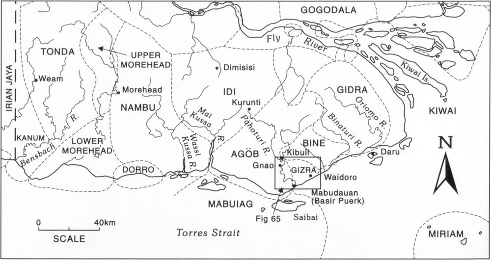 Map at scale of 1.75 inches to 40km showing the southwest region of Papua New Guinea and the territory where Indonesian traders visited in the past according to oral traditions and linguistic clues found in the area. There are numerous areas labelled with dotted demarcated lines. From the west to east are Kanum, Tong, Upper Morehead, Lower Morehead, Nambu, Dorro, Idi, Agob, Mabuiag, Gogodala, Gidra, Girza, Kiwai and Miriam on the bottom right corner.