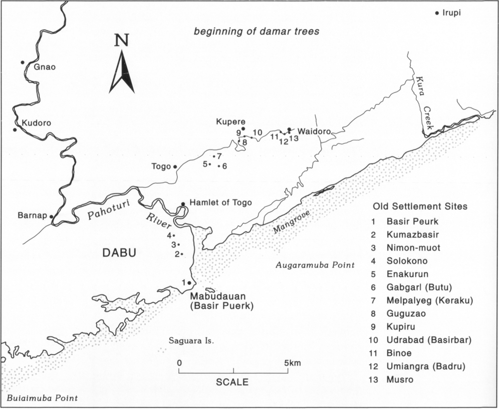 Map at scale of 1.5 inches to 5 km showing numerous old settlement sites labelled from numbers 1 to 13. Starting from the first is Basir Peurk, or Mabudauan which is near the south-eastern coast of Dabu, north of Saguara Island. Kumazbasir, Nimon-muot, and Solokono are insland on Dabu, north of each other towards the Pahoturi River. Enakurun is situated east of Togo around the middle of the map, with Gabgari (or Butu) close by to its east, and Melpalyeg (or Keraku) also nearby to the north-east. Guguzao, Kupiru, and Udrabad (or Basirbar) are clustered south of Kupere. Binoe, Umiangra (or Badru), and Musro are south-west of Waidro. On the top of the map inland of Basir Puerk is labelled ‘beginning of damar trees’. Mangrove is also indicated in tiny dots along the south-eastern coast, occupying a diagonal strip from the bottom left corner towards the upper right end of the map.