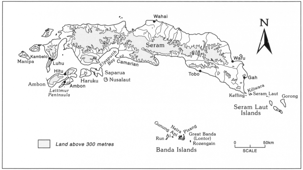 Map of marked sites within Seram, Banda and Seram Laut Islands. The Seram Islands spread across in a considerably slim horizontal strip, with the tiny Banda Islands on its south and the relatively smaller Seram Laut Islands towards the bottom ride side. Majority of the depicted islands are shaded in grey to indicate land above 300 metres.