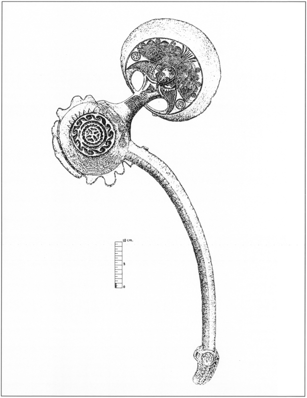 Detailed illustration of a ceremonial bronze axe from Roti Island at 1 inch to 10km scale. Its blade is rounded, with ornamental piece adjoined. One side of the shaft has a tribal geometric decoration while the other shows a man wearing a plume headdress. The handle is curved and its end has an ornamental tip which could be inferred to resemble a snakehead or lizard. 