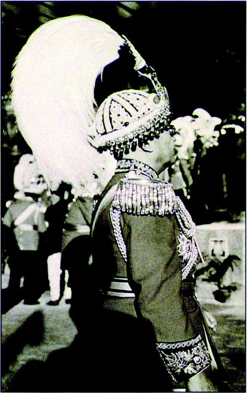 Black and white picture portraying the brief side profile of the General wearing the heavily embellished headpiece uniform top, with a detailed embroidered sleeve cuff of plants and flora. His hat piece is fitted with long and thick plumes flowing and curving downwards. The General appears to be looking at something outside of the frame. The content of the background is quite blurred, but there are several other uniformed men as well as two statues of a mythical creature, and they appear to be at a cultural or heritage site.