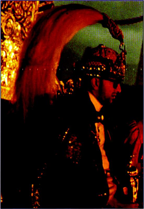 Coloured photo with orangey hues depicting the side profile of the Nepalese King, donned in a pair of sunglasses and a headpiece embellished with beads, with an attachment of the long, flowing and thick bunch of plumes flowing and curved downwards to the left of the photograph. The King appears to be holding an ornamental staff. There is a large ornamental piece hovering behind him to the top left side of the image.