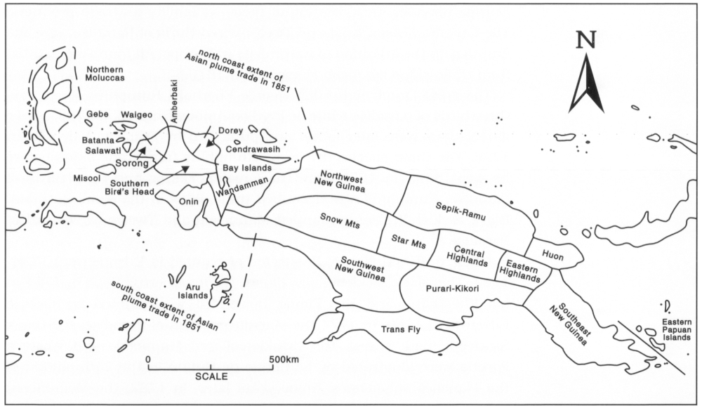Map at 1 to 500km scale containing the distribution of birds of paradise showing species known to Europeans before and after 1851. It outlines areas and regions on New Guinea including the Northern Moluccas off wast of the mainland, Sorong, Onin, Northwest New Guinea, which consists of the north coast extent of Asian plume trade in 1851, Southwest new Guinea, which constitutes the south coast extent of Asian plume trade in 1851,  Snow Mountains, Star Mountains, Trans Fly, Sepik-Ramu, Central Highlands, Purari-Kikori, Eastern highlands, Huon, Southeast New Guinea and Eastern Papuan Islands. Check Table 3 for details regarding the geographic area. 