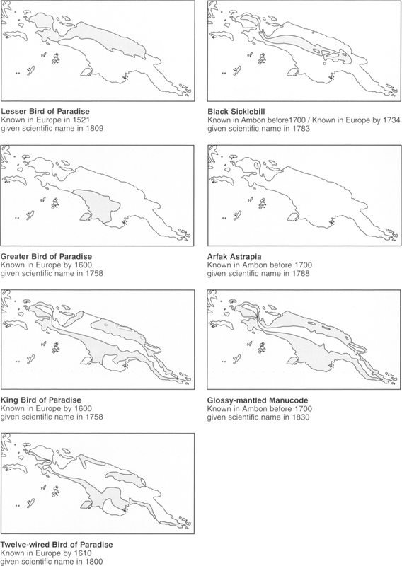Seven different small maps that showing the natural distribution of birds of paradise which become known to Europeans from trade skins by 1700. Each map has an area shaded in light grey.