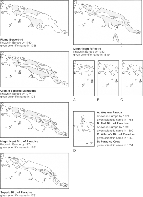 Nine small maps showing the natural distribution of birds of paradise which became known to Europeans from trade skin between 1700 to 1851. Each map has an area shaded in light grey.