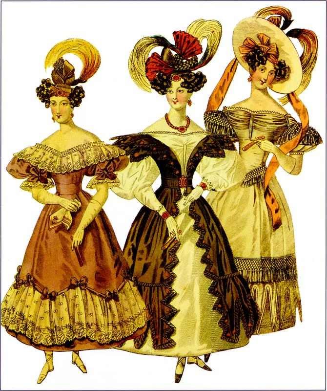 Coloured graphic image of three ladies in fancy Georgian-style dresses with puffed sleeves, laced necklines, handgloves and bottoms well-shaped with round panniers or crinolines, as well as hats and headpieces decorated with bird of paradise plumes. Each of them is holding a closed-up fan. The lady on the farthest left has a handkerchief in hand. 