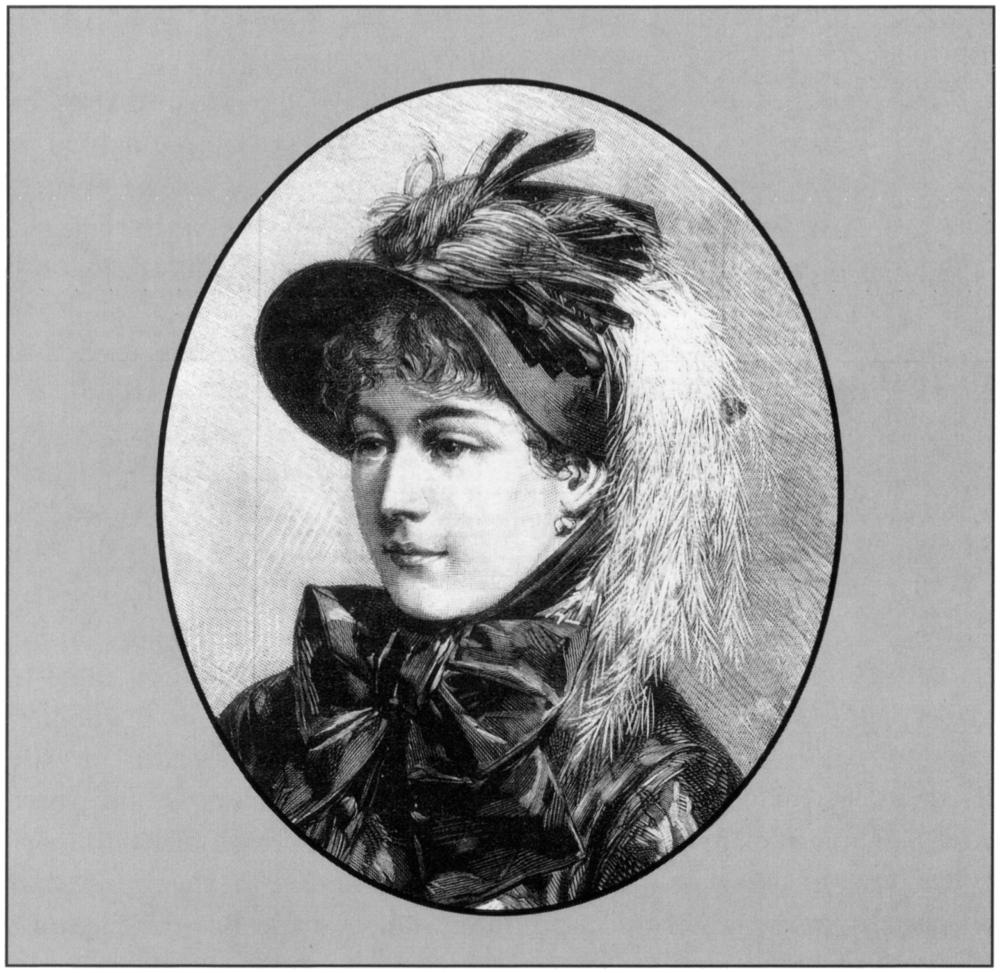 Black and white illustrated portrait of an Edwardian lady adorned with a bonnet fitted with bird of paradise plume which feathers flow down past her face onto landing right on her shoulder. Her bonnet is tied down around her neck in a big bow. She has a rather serene look on her face, and appears to be looking pensively into the distance.