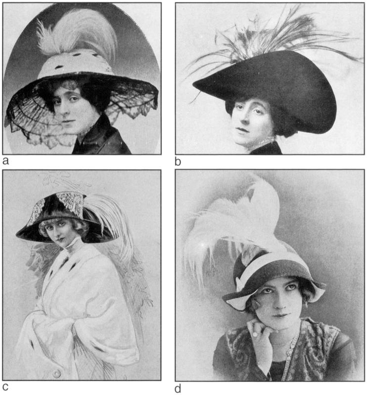 Four black and white portraits of ladies wearing hats adorned with plumes for fashion advertises. 