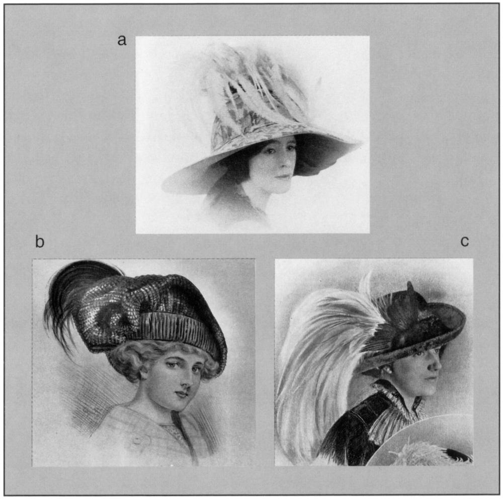 Three images of ladies wearing magnificent, fancy hats adorned with plumes as found in post-Edwardian fashion trade literature.