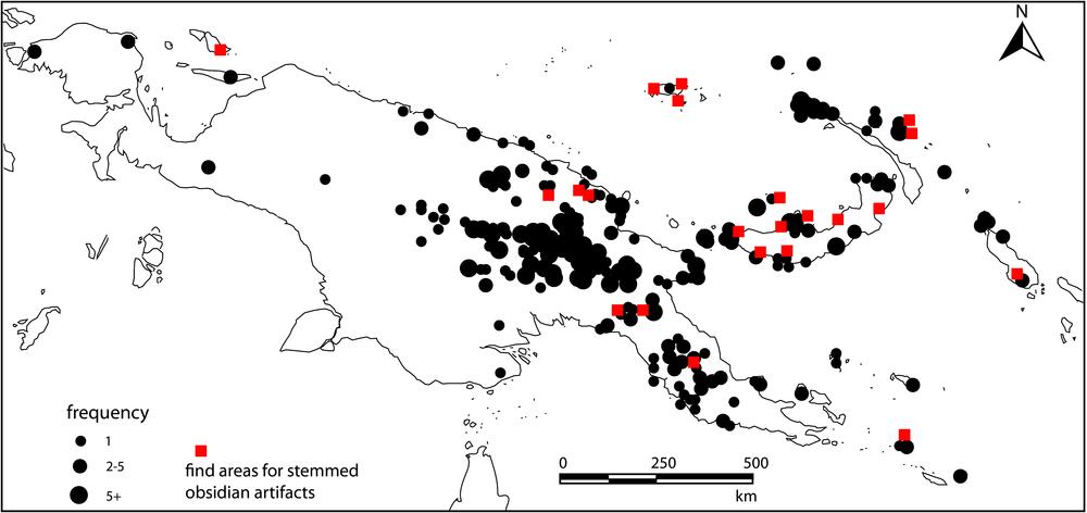 Map showing sites with pottery dating to about 5,000 years ago. The presence of pottery in New Guinea indicates the level of innovation and technological development of that time. The places shown on the map are, from north to south: pottery on mainland Asia with 8,000 BP in China, Pa-chia-t’sun in Taiwan 6,300 BP, Rabel Cave in the northernmost island of the Philippines 4,900 BP, Talaud Island towards the north-eastern part of the Indonesian islands 4,500 BP, Dudumunir Cave in West Papua, Ulu Leang Cave on the eastern side of Indonesia in South Sulawesi 5,000 BP, Taora and Akari in New Guinea 5,410 BP and 5,580 BP respectively, and Uai Bobo Cave No.2 in the west side of Timor 4,100 BP.