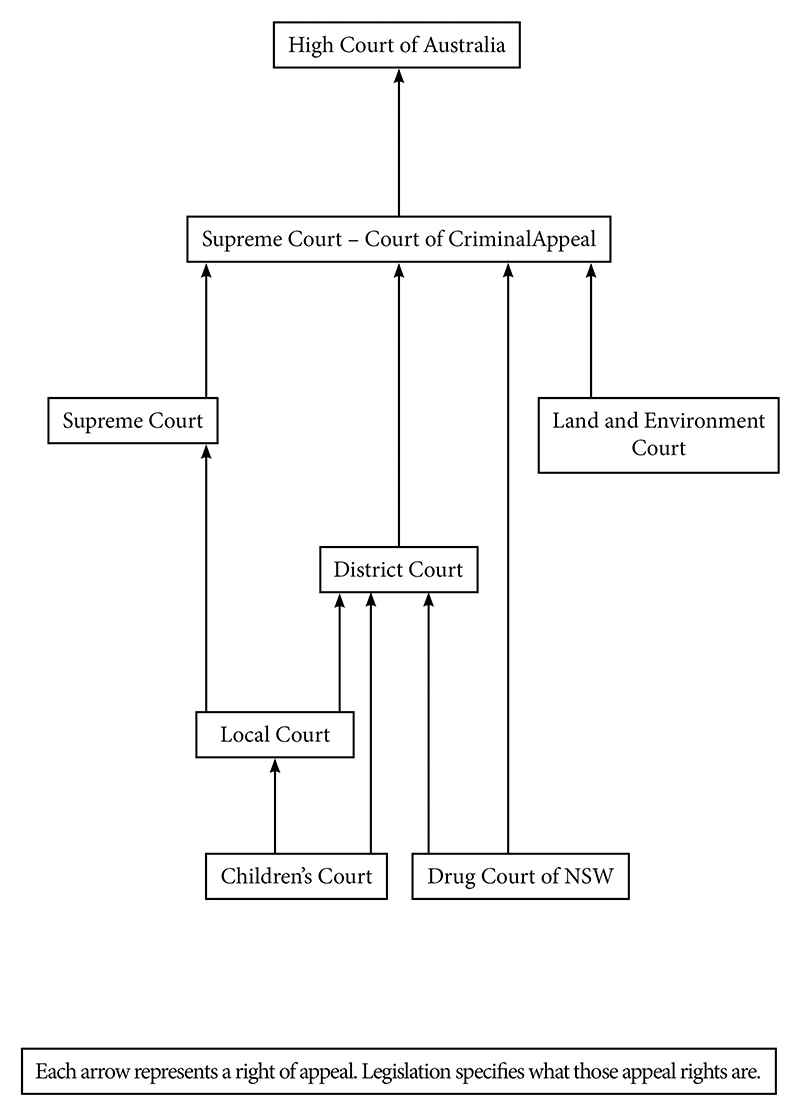 A diagram showing the hierarchy of criminal courts in NSW. At the bottom of the hierarchy is the Children's Court and Drug Court of NSW, at the next level is the Local Court, at the next level is the District Court, at the next level is the Supreme Court and Land and Environment Court, at the next level is the Supreme Court – Criminal Court of Appeal and at the apex the High Court of Australia.