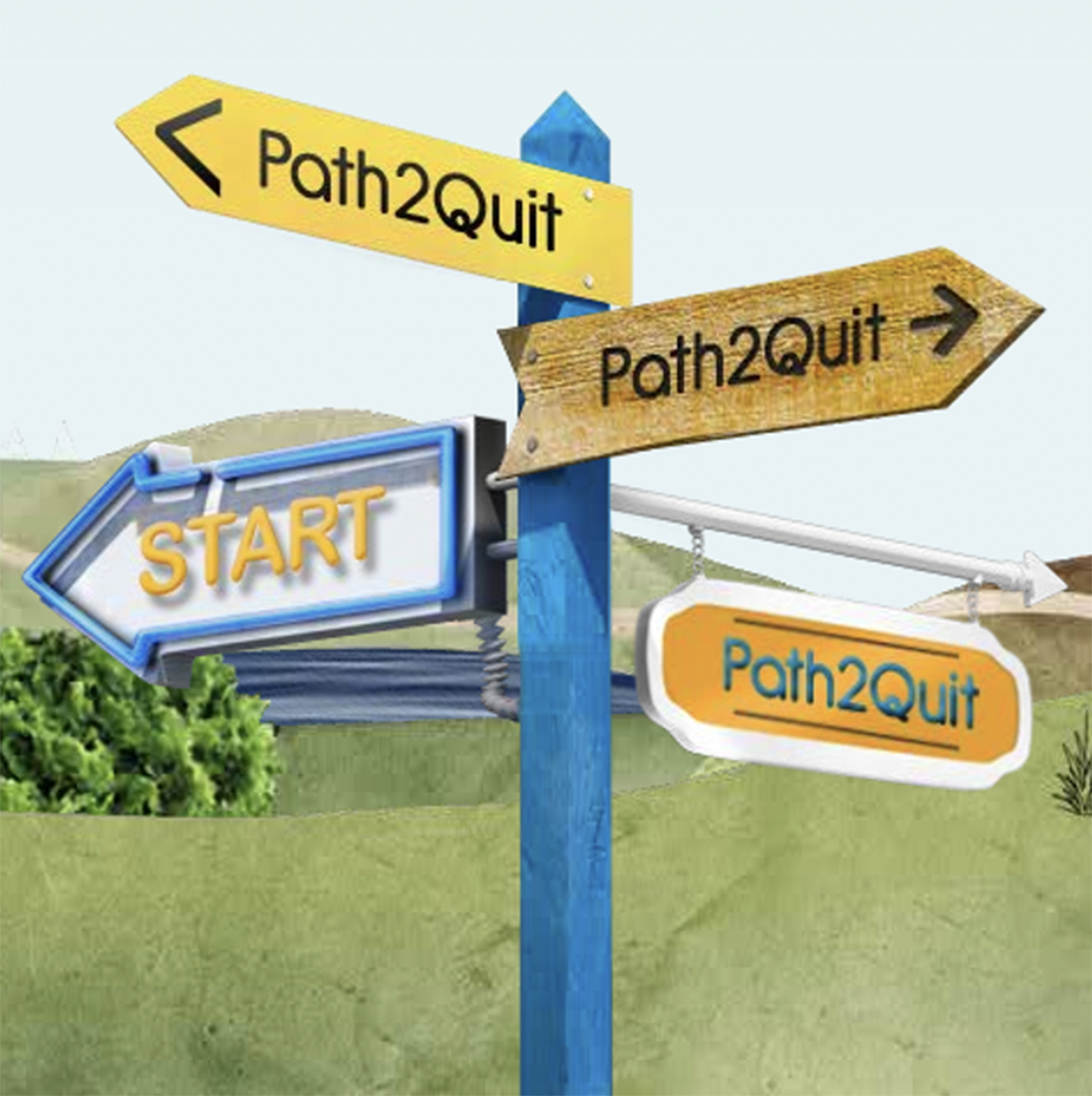 A colour graphic of a multi directional sign post. Three signs have the words "Path2Quit" written on them, one has the word "Start".