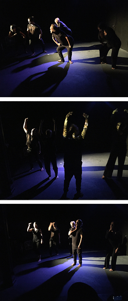 Three photos of Jack Gray and dancers performing inside a theatre. The dramatic lighting casts long shadows. The human figures are lit up but the edges of the photo are very dark.
