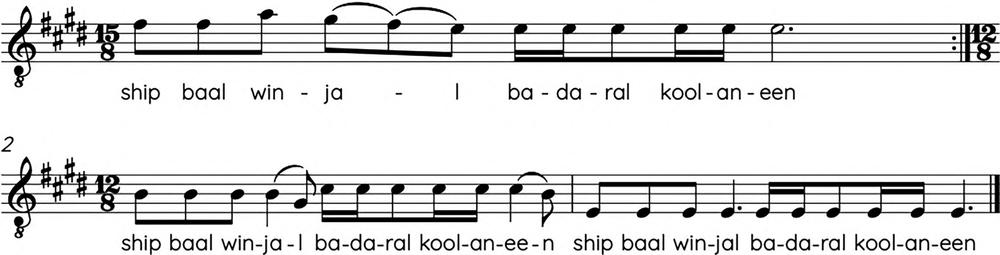 A musical score illustrating the melody for the Nyungar "ship song" about Miago.