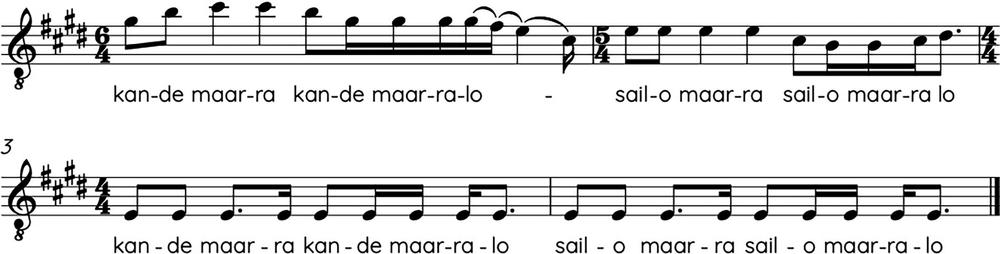 A musical score illustrating the melody for the Nyungar "sail song" about Miago.