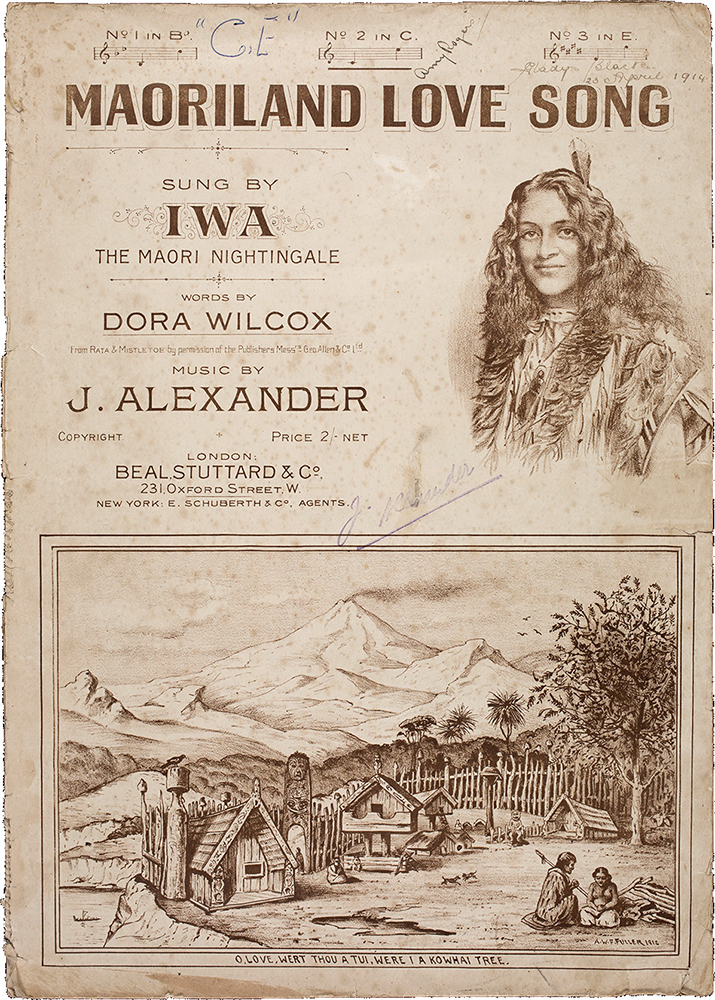 Front cover of the musical score for Maoriland Love Song accompanied by an image of Iwa "The Maori Nightingale". The bottom half of the cover includes an image of Maori settlement with mountains in the background.