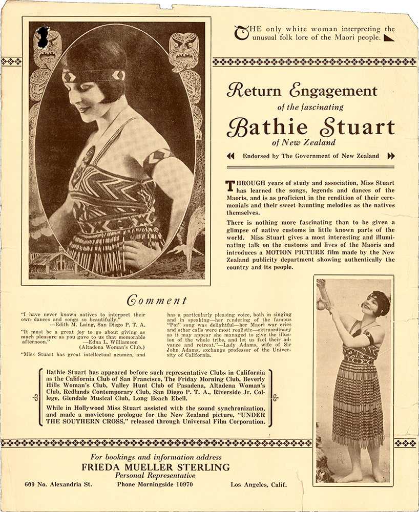 Archival image of an advertisement for Miss Bathie Stuart. There is a photo of her from the torso-up on the top-left-hand side of the advertisement, abd a full-length photo on the bottom-right. She wears traditional Maori clothing in both photos.