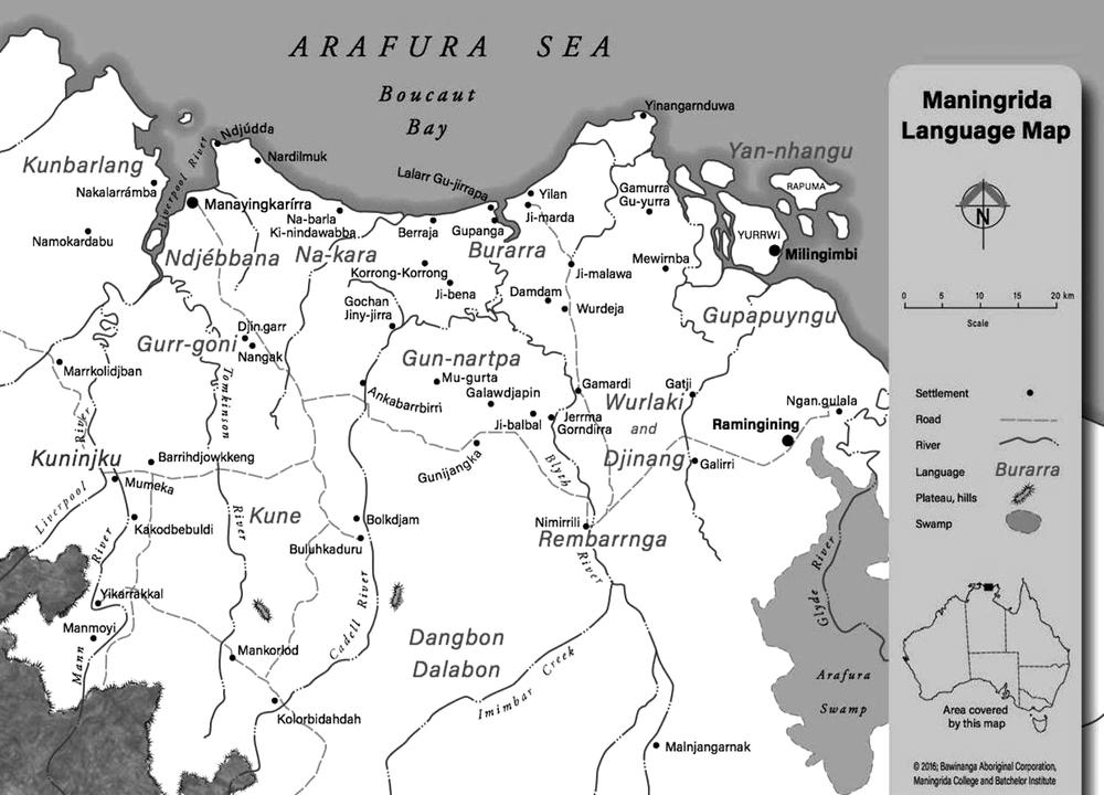 Language map of the Manayingkarírra (Maningrida) region showing sea, coastline and land.