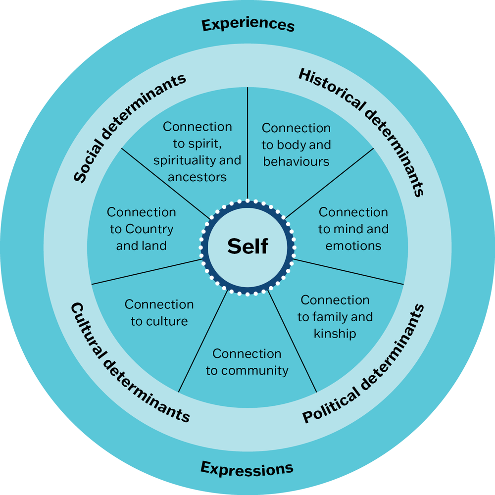 A circle with the word "self" at the centre, with a larger circle around it delineated into 7 segments labelled: Connection to spirit, spirituality and ancestors; Connection to body and behaviours; Connection to mind and emotions; Connection to family and kinship; Connection to community; Connection to culture; and Connection to Country and land. These segments are surrounded by another ring labelled in four parts: Social determinants; Historical determinants; Political determinants; Cultural determinants. The outermost ring is labelled in two parts: Experiences at the top and Expressions at the bottom.